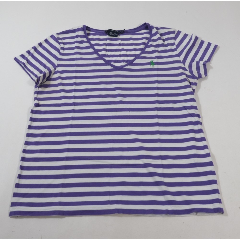 Polo Ralph Lauren T-Shirt Womens L Purple Sport Pima Cotton Striped V-Neck Tee